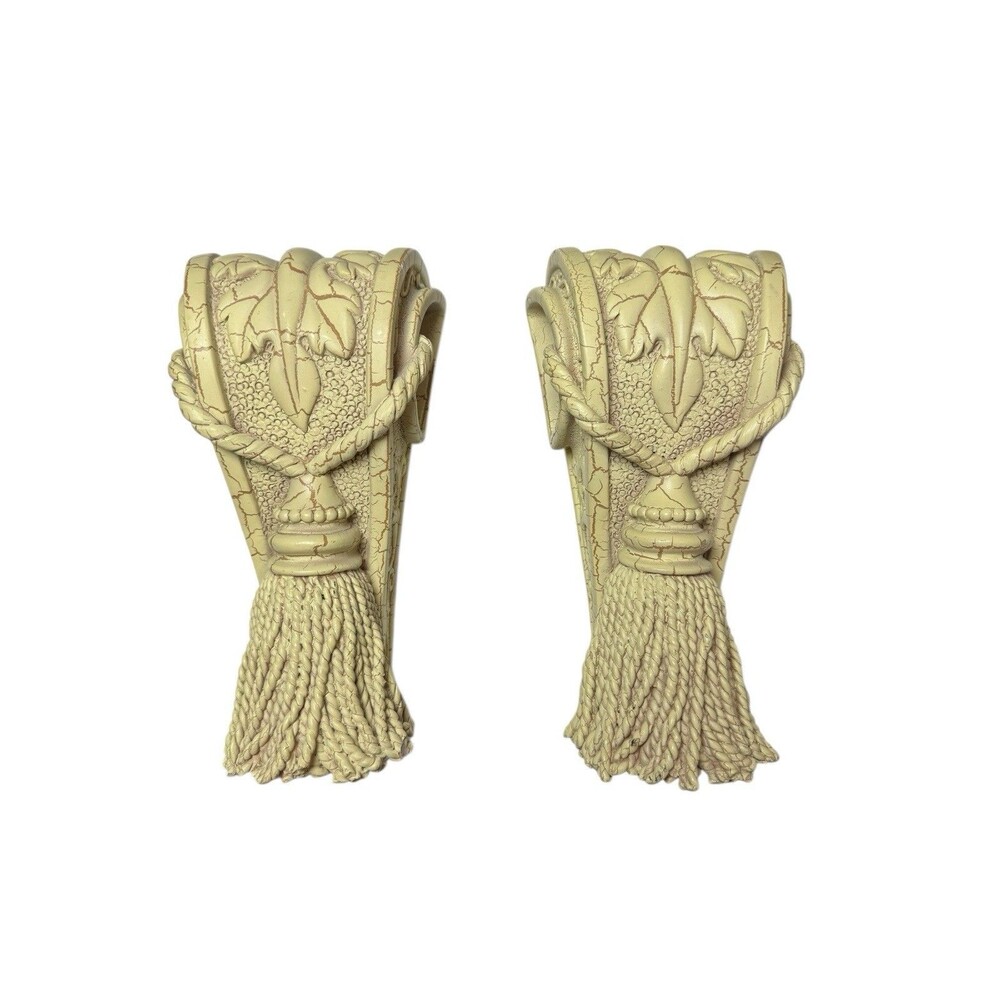 Set Of 2 Drapery Sconce Corbels Tassel & Scroll  Design Beige Cream Crackle READ